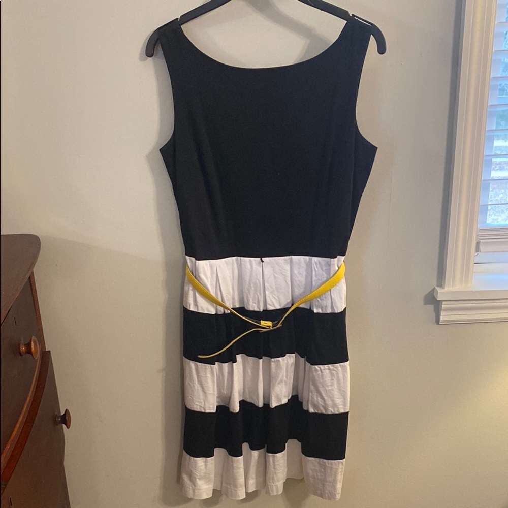 Chic Black and White Striped Dress with Yellow Belt